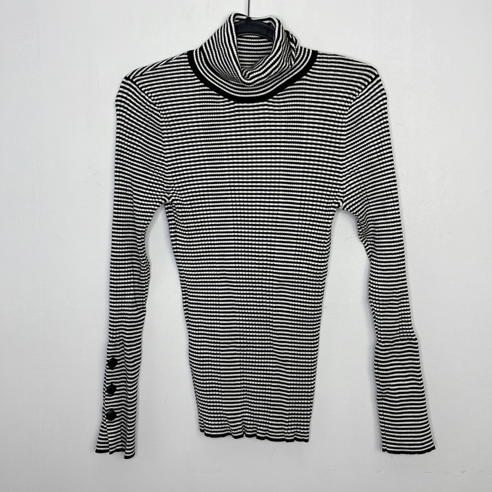 By Anthropologie ribbed stretchy stripes buttons cuffs turtleneck neck